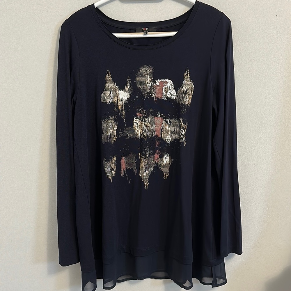 Navy Long-Sleeve Abstract Foil Print Tee with Sheer Hem